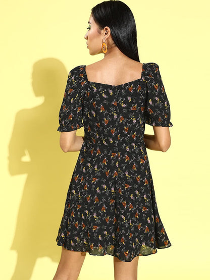 Rare Women'S Georgette Fit And Flare Knee-Length Dress (Ep6247_Black)