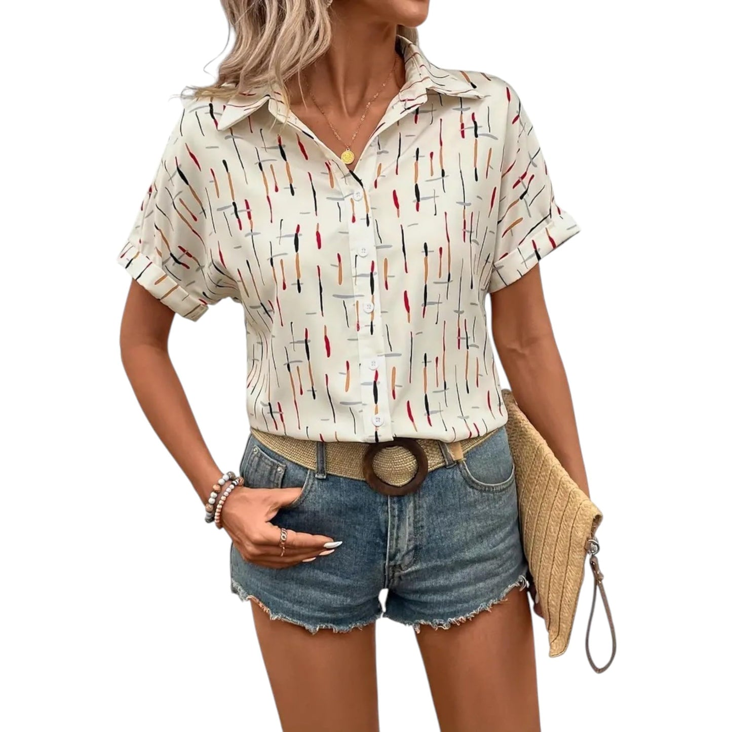 Gufrina WomenS Short Sleeve Button Down Shirt With Abstract Brushstroke Print In Beige And Multicolor - Lightweight Casual Summe
