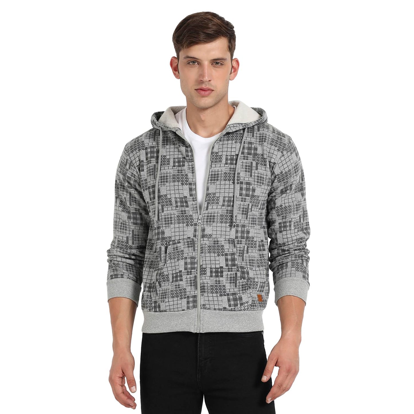 Campus Sutra Mens Grey Abstract Checks Hoodie with Insert Pocket for Casual Wear | Hooded Neck | Long Sleeve | Zipper Closure |