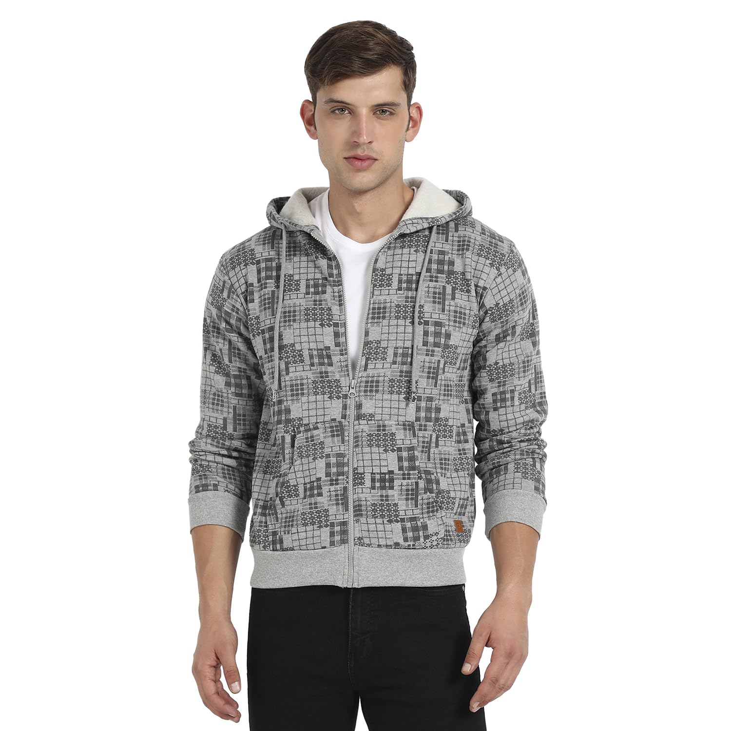 Campus Sutra Mens Grey Abstract Checks Hoodie with Insert Pocket for Casual Wear | Hooded Neck | Long Sleeve | Zipper Closure |