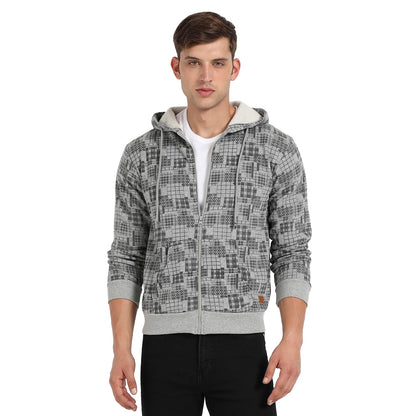 Campus Sutra Mens Grey Abstract Checks Hoodie with Insert Pocket for Casual Wear | Hooded Neck | Long Sleeve | Zipper Closure |