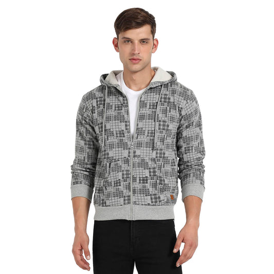 Campus Sutra Mens Grey Abstract Checks Hoodie with Insert Pocket for Casual Wear | Hooded Neck | Long Sleeve | Zipper Closure |