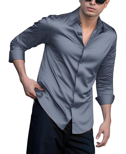 Indoprimo MenS Casual Button Down Long Sleeve Satin Plain Shirt Darkgrey