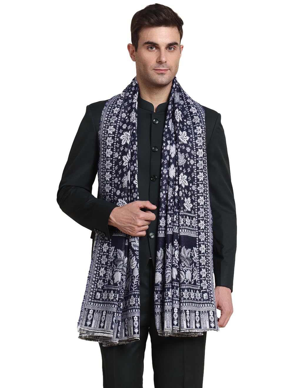 Weavers Villa Mens Acro Wool Blend Shawl - Handloom Woven Kullu Pattern - Stoles for Men - Gents Shawls - Soft & Warm Wrap - Id