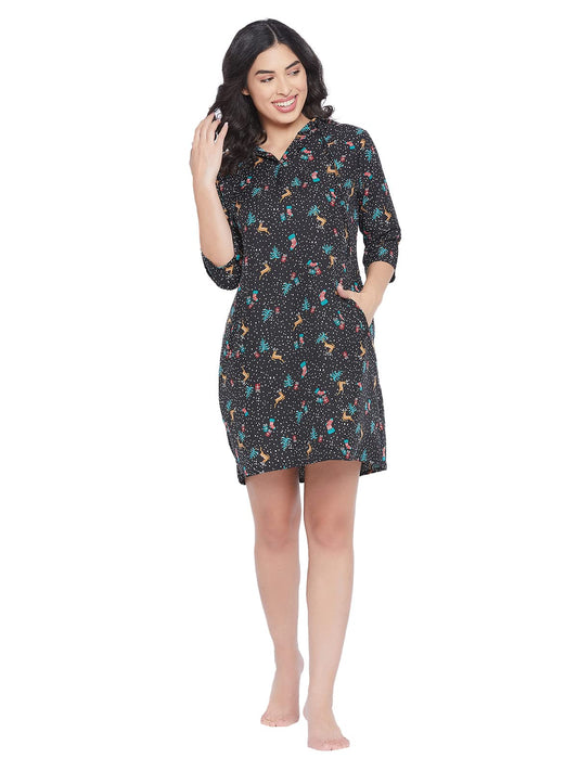 Clovia Womens Rayon Christmas Print Short Hooded Dress (NS1442P19_Multicolor_L)
