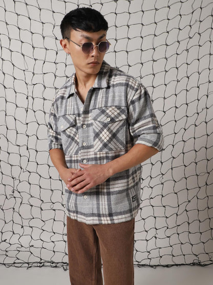 Hubberholme Men Cotton Check Oversized Fit Spread Collar Full Sleeves Casual Shirts