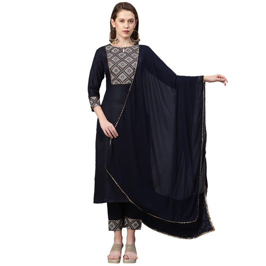 ANNI DESIGNER Women's Ruby Cotton Straight Kurta with Pant & Dupatta (KALAKARI)