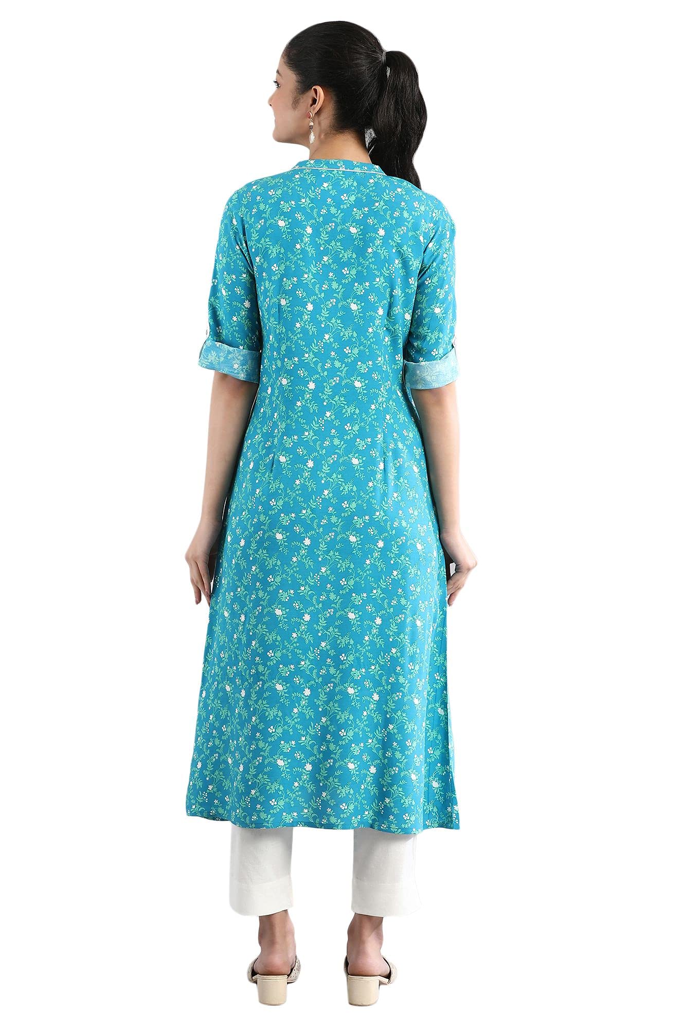 Aurelia Women's Viscose Regular Fit Casual Ethnic Floral Print Regular Kurta in Band Collar
