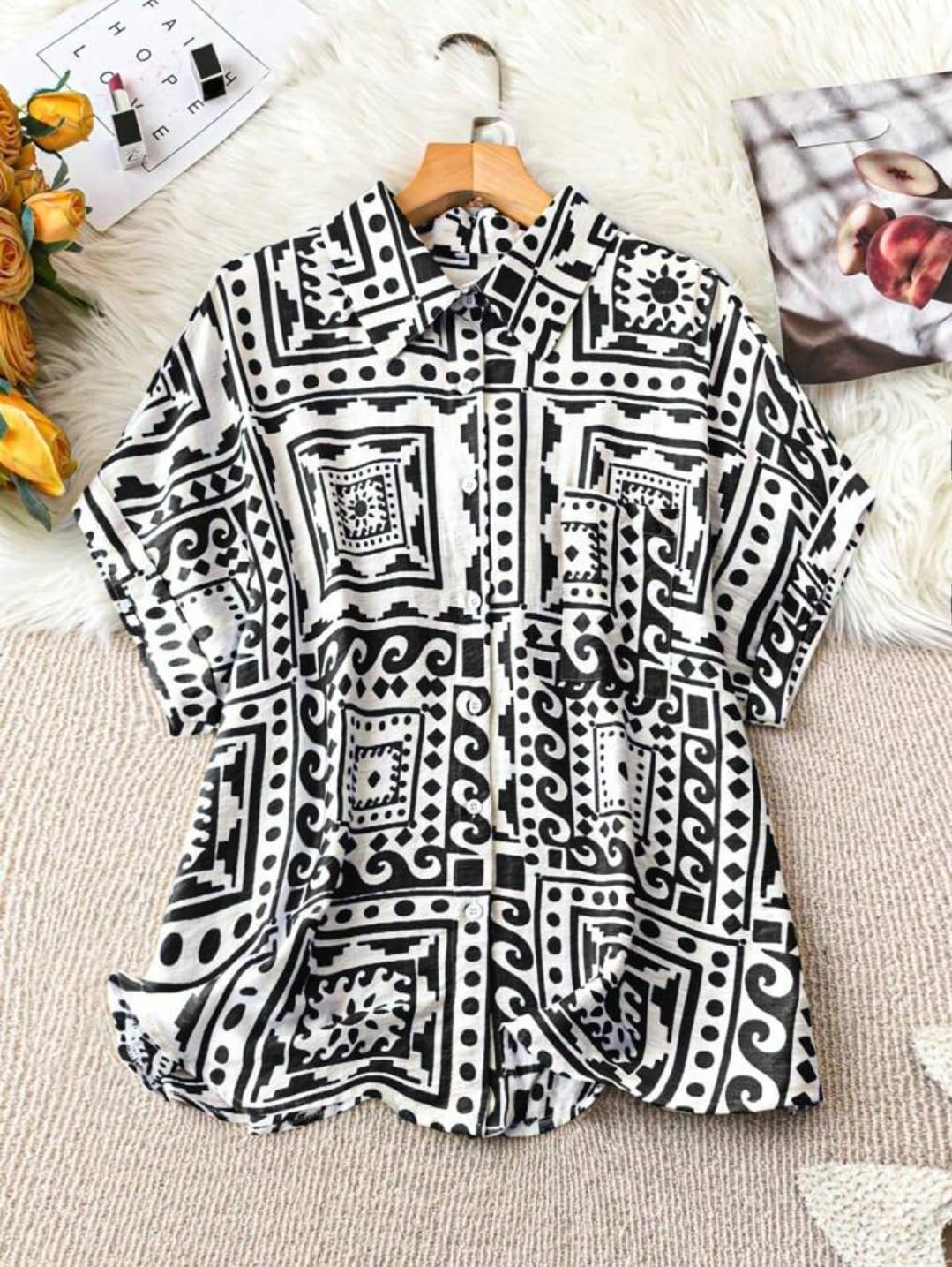 Gufrina WomenS Polyester Shirt With Pocket Half Raglan Sleeves Spread Collar Neck Geometric Printed Relaxed Fit And Standard Le