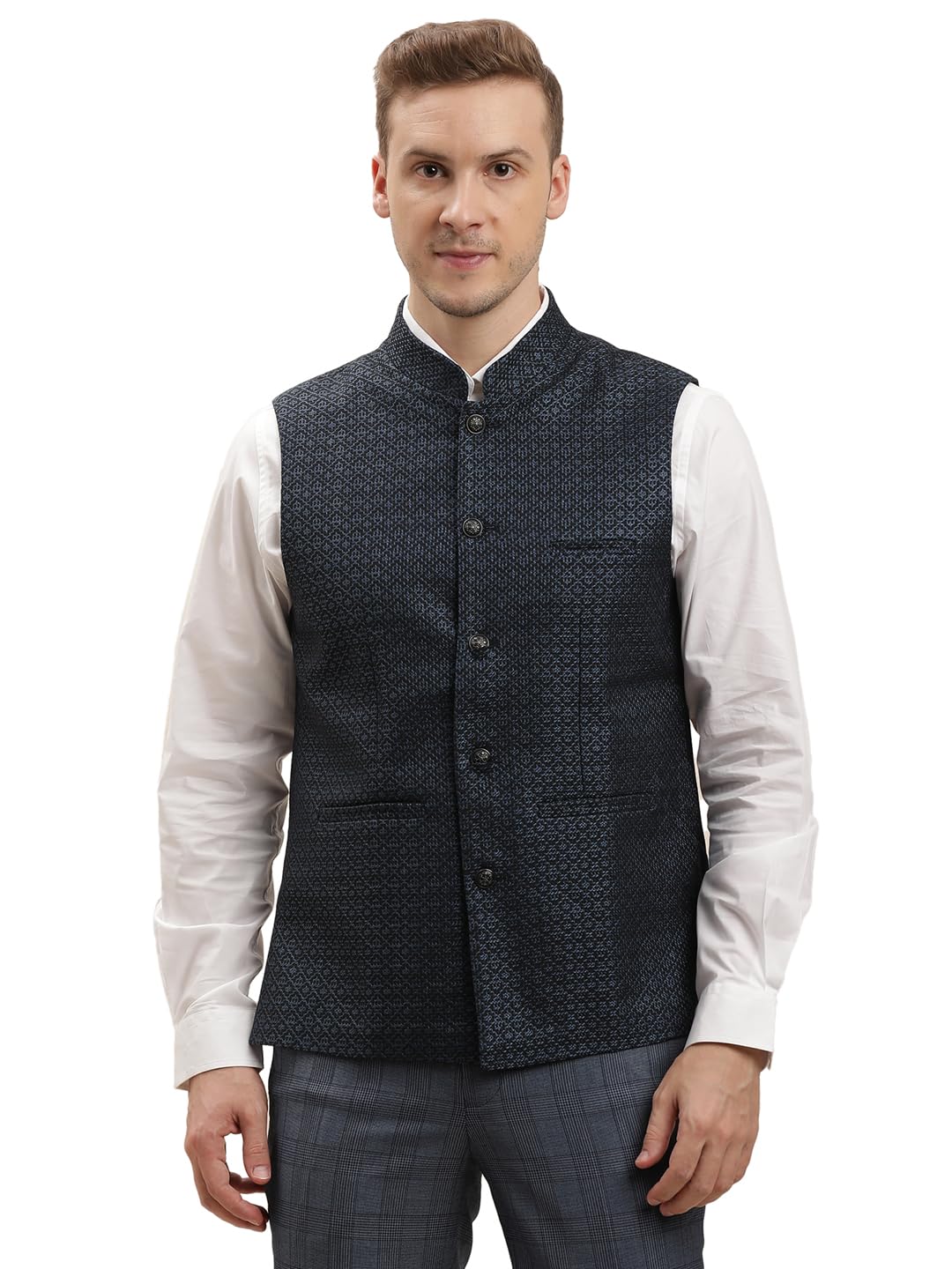 Turtle Men Terry Rayon Jacquard Navy Blue Nehru Jacket
