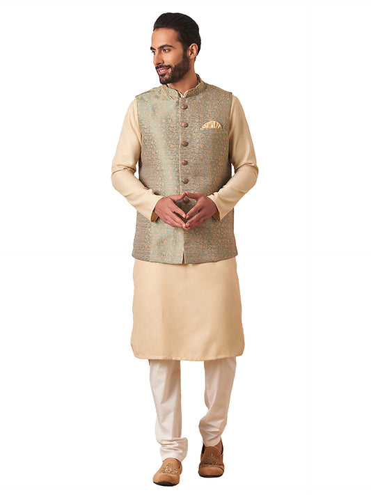 Manyavar Mens Jacket, Nehru Jacket For Men, Ethnic Jacket For Festival, Wedding, Party Sleevless Jacketsprinted Brocade (Green,