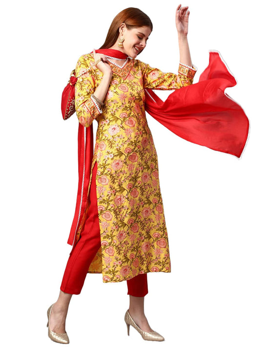 GoSriKi Women's Cotton Blend Floral Printed Straight Kurta with Pant & With Dupatta