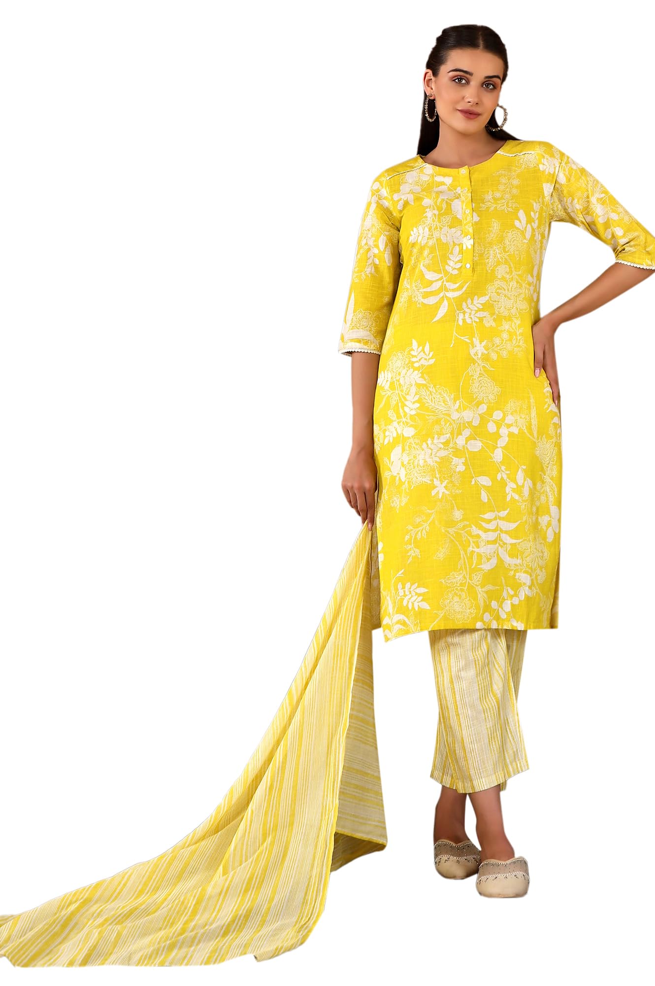 W WomenS Light Yellow Floral Printed Cotton Kurta Dupatta Bottomwear With Lace