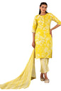 W WomenS Light Yellow Floral Printed Cotton Kurta Dupatta Bottomwear With Lace