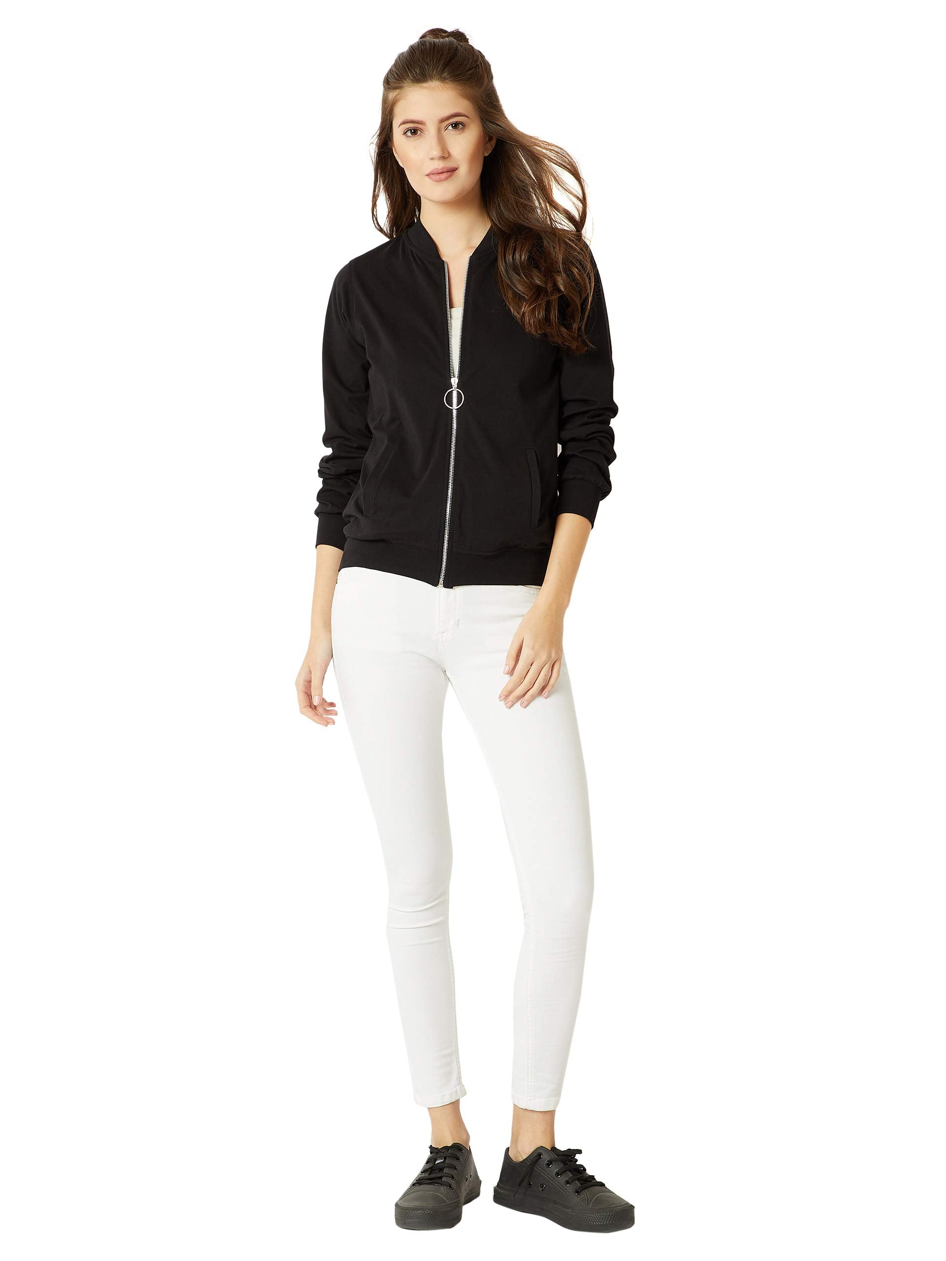 Miss Chase Womens Round Neck Full Sleeve Zippered Bomber Jacket (MCAW21JKT03-26-330-06, Ebony Black, XL)