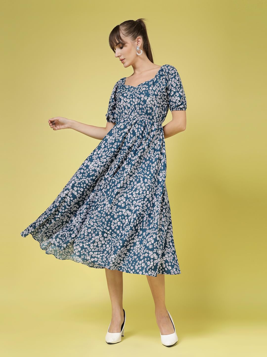 Oomph! Flared Dress For Women Stylish | Long One Piece For Women | Puff Sleeve Long Dress | Floral Print Maxi One Piece | Wester
