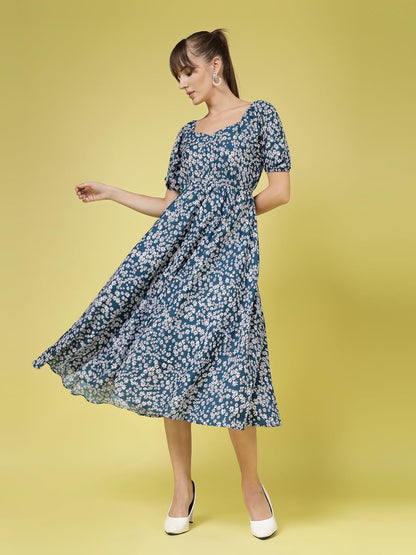 Oomph! Flared Dress For Women Stylish | Long One Piece For Women | Puff Sleeve Long Dress | Floral Print Maxi One Piece | Wester
