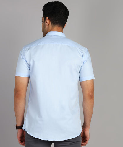 Mildin MenS Regular Cotton Blend Light Blue Slim Fit Solid Button Down Spread Collar Half Sleeve Curved Hemline Formal Shirt Wi