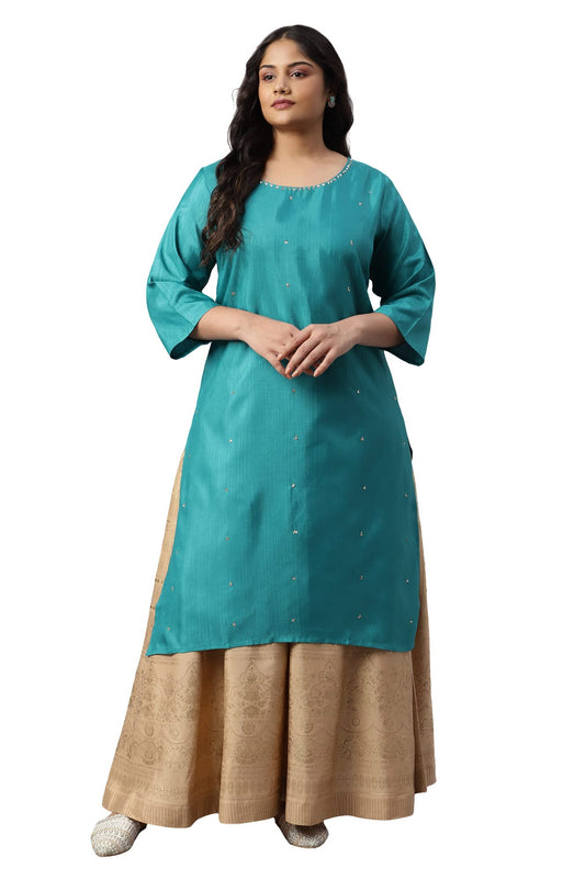W for Woman Teal Straight Plus Size Kurta with Sequin Highlight