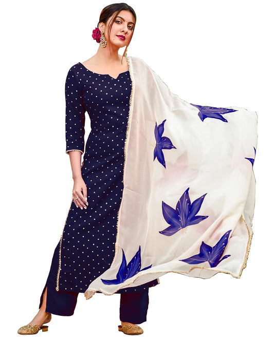 GoSriKi Women's Cotton Blend Floral Printed Straight Kurta with Palazzos & with Dupatta (Rayon-Blue-18-GS)