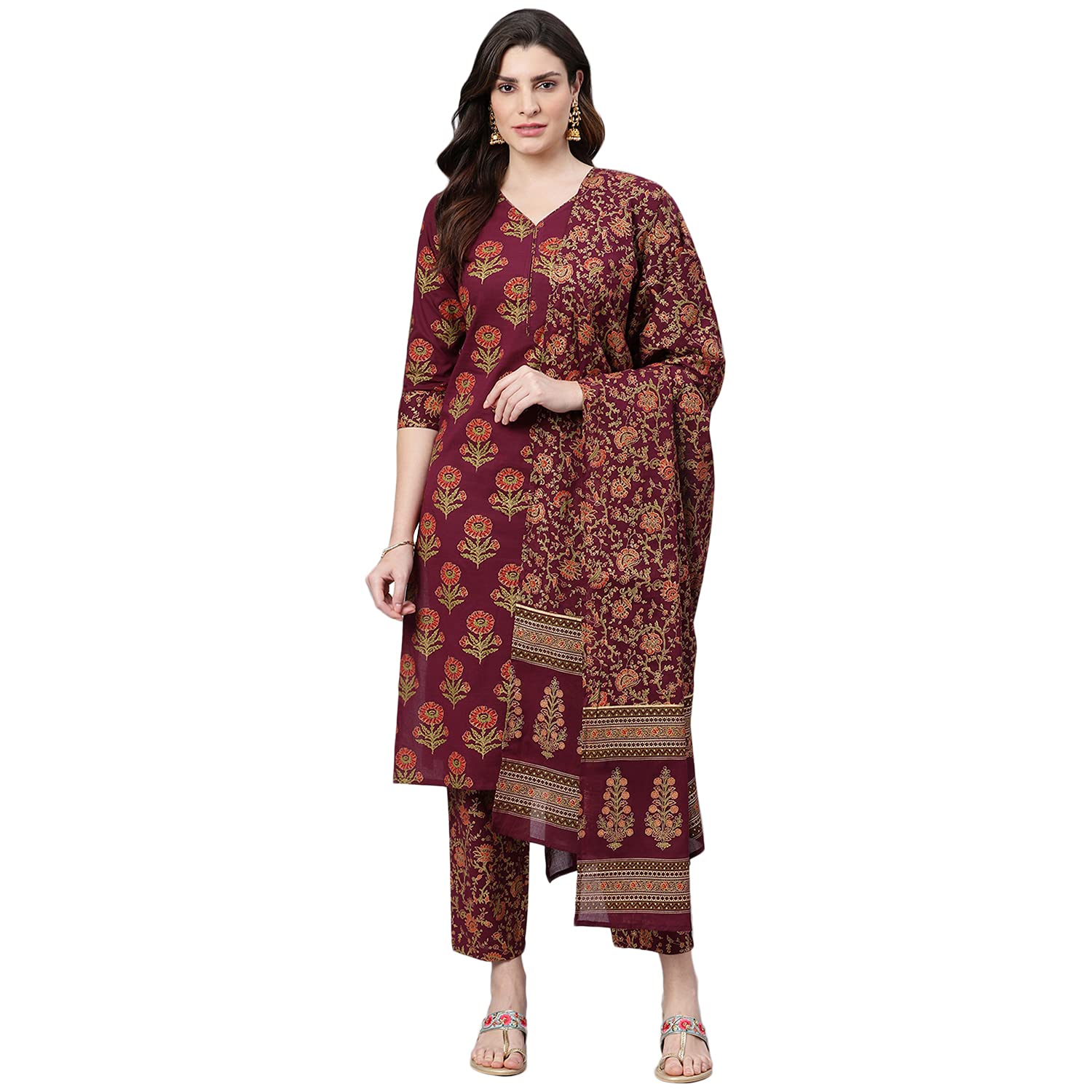 Idalia WomenS Maroon Gold Printed Straight Cotton Kurta Set With Pant And Dupatta For Women