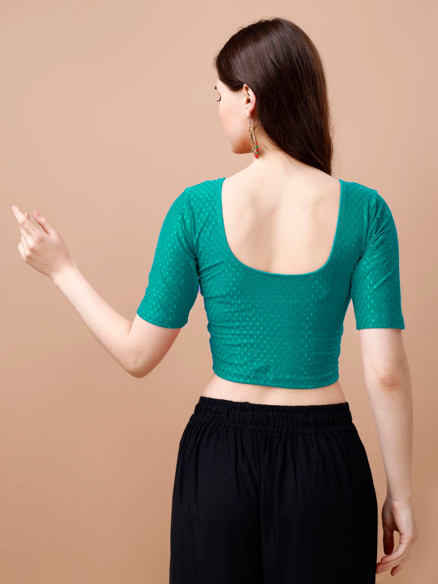 Pujia Mills WomenS Readymade Dobby Cotton Lycra Stretchable Round Neck Half Sleeve Blouse Fancy Rama Color Lycra Stretchable Bl