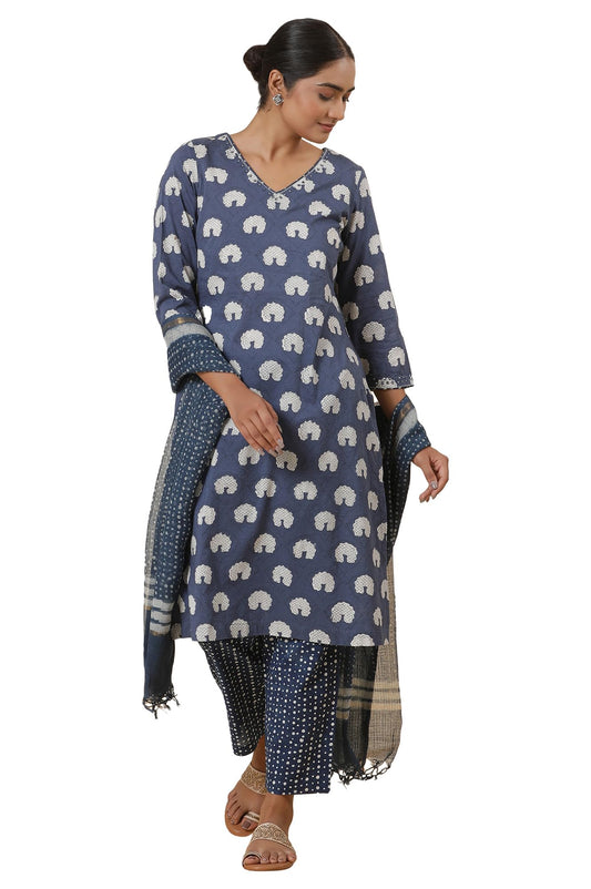 W for Woman Folksong Blue Printed Cotton Straight Kurta, Salwar Pant & Dupatta
