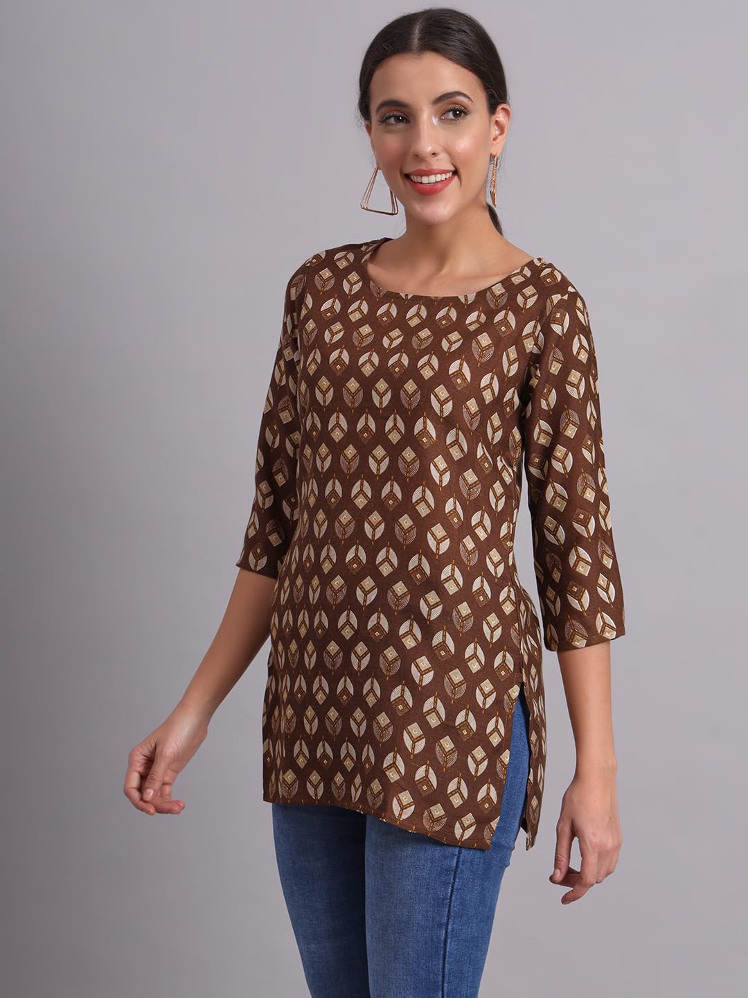 Patlani WomenS Cotton Printed Short Fullstitched Kurti/Kurtas. Coffee