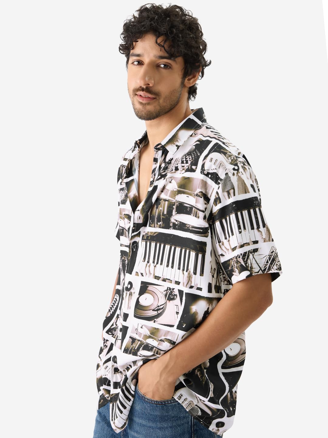The Souled Store On Beat Men and Boys Short Sleeve Collared Neck Buttoned Front Multicolor All Over Printed Polyester Blend Over