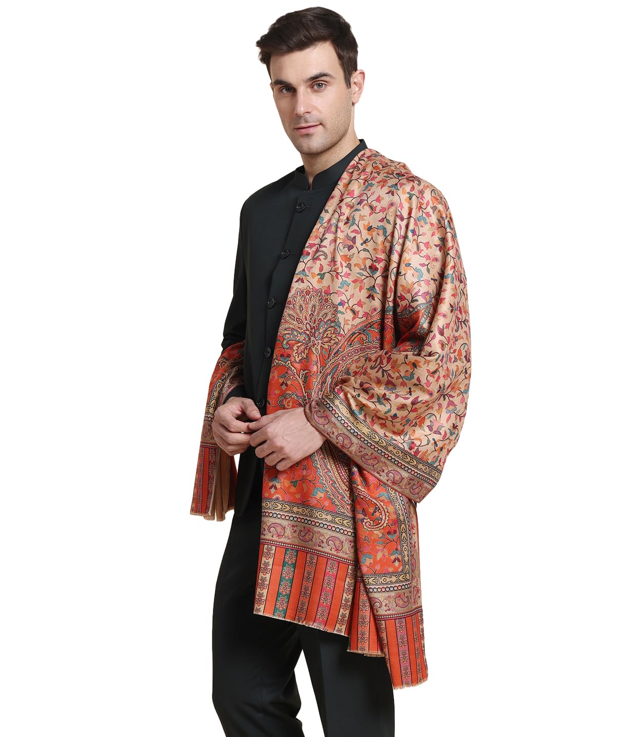 Weavers Villa Mens Acro Wool Blend Printed Shawl - Handloom Paisley Design - Stoles for Men - Gents Shawls - Soft & Warm Wrap -