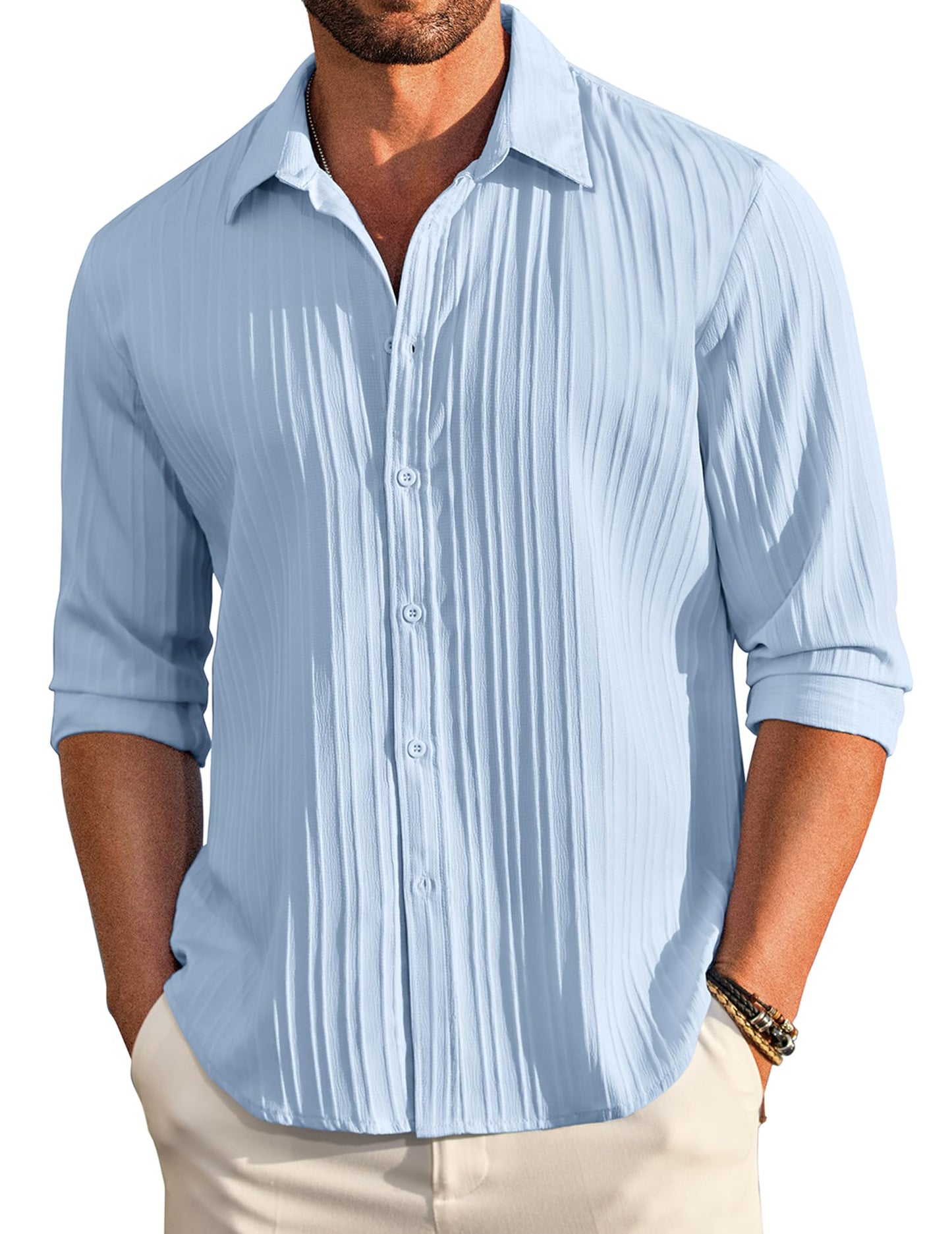 Deelmo MenS Casual Button Down Shirts Long Sleeve Linen Shirt Fashion Textured Beach Summer Shirt Sky Blue