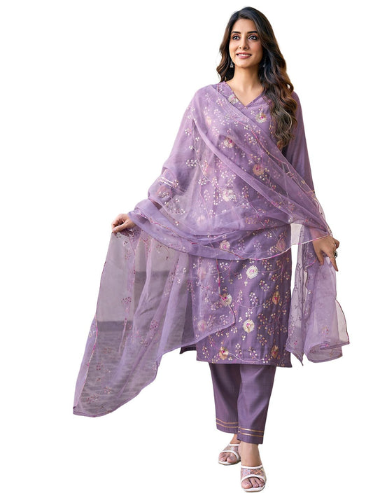 Sanisa Women's Silk Blend Sequence and Embroidery Work Straight Kurta with Pant and Dupatta Set