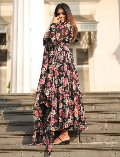 Modestouze Attires Georgette Anarkali Suit For Women - Floral Printed Anarkali Kurta Set With Dupatta Party - Frock Suit Set - D