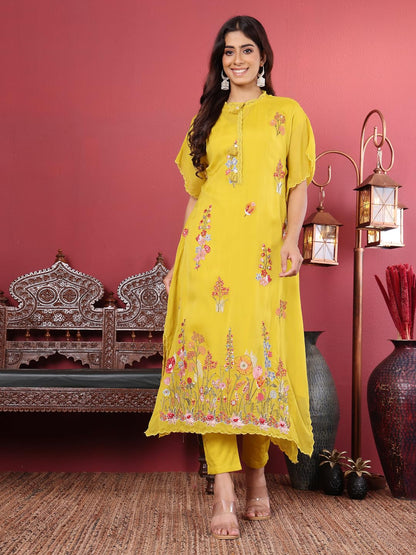 Varanga Women Floral Thread Embroidered Silk Kaftan With Tonal Bottom.