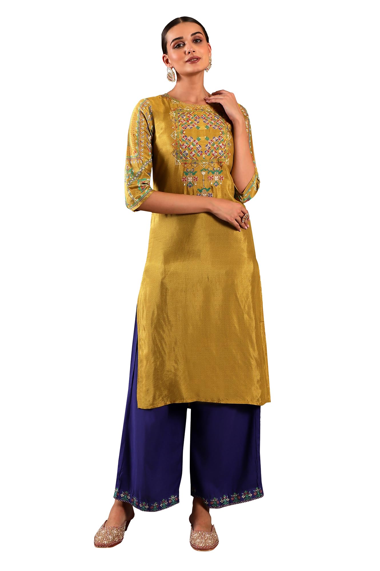 W Dark Yellow Embroidered Straight-Long Kurta for Women