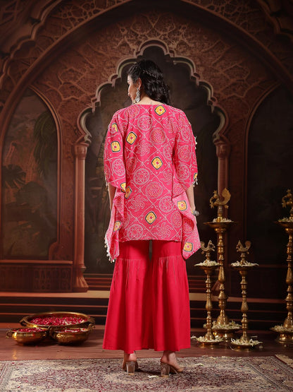 Stylum Womens Pink Bandhej Printed Crepe Kaftan Sharara Set