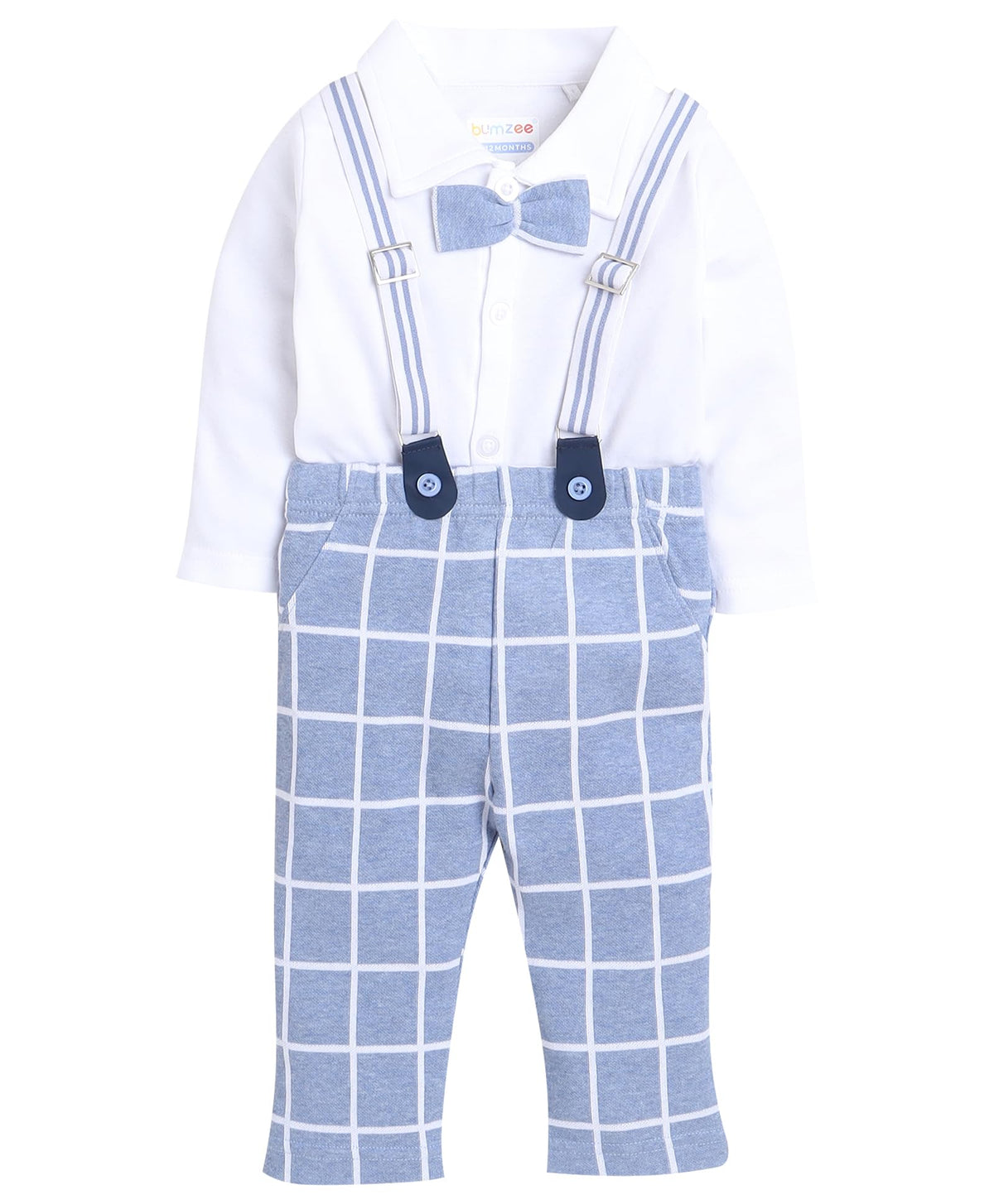 BUMZEE Sky Blue & White Boys Full Sleeves Shirt Pant Set With Suspender & Cap Age - 2-3 Years