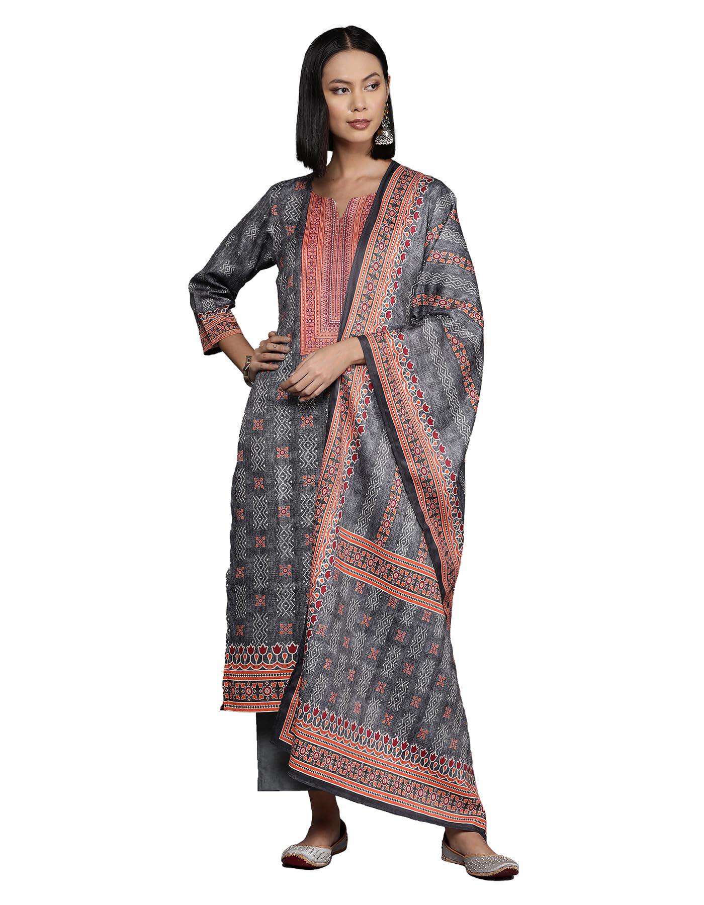 Varanga Women Grey Woolen Ethnic Motif Printed Straight Kurta Paired with Tonal Bottom and Dupatta - Cozy and Elegant Winter Wear
