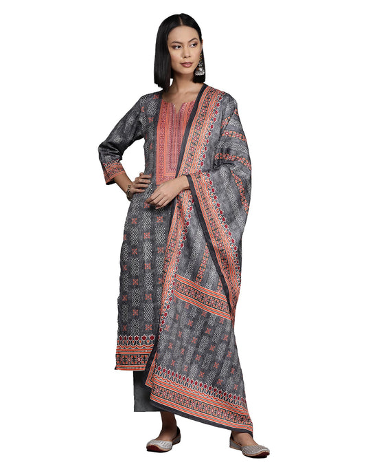 Varanga Women Grey Woolen Ethnic Motif Printed Straight Kurta Paired with Tonal Bottom and Dupatta - Cozy and Elegant Winter Wear