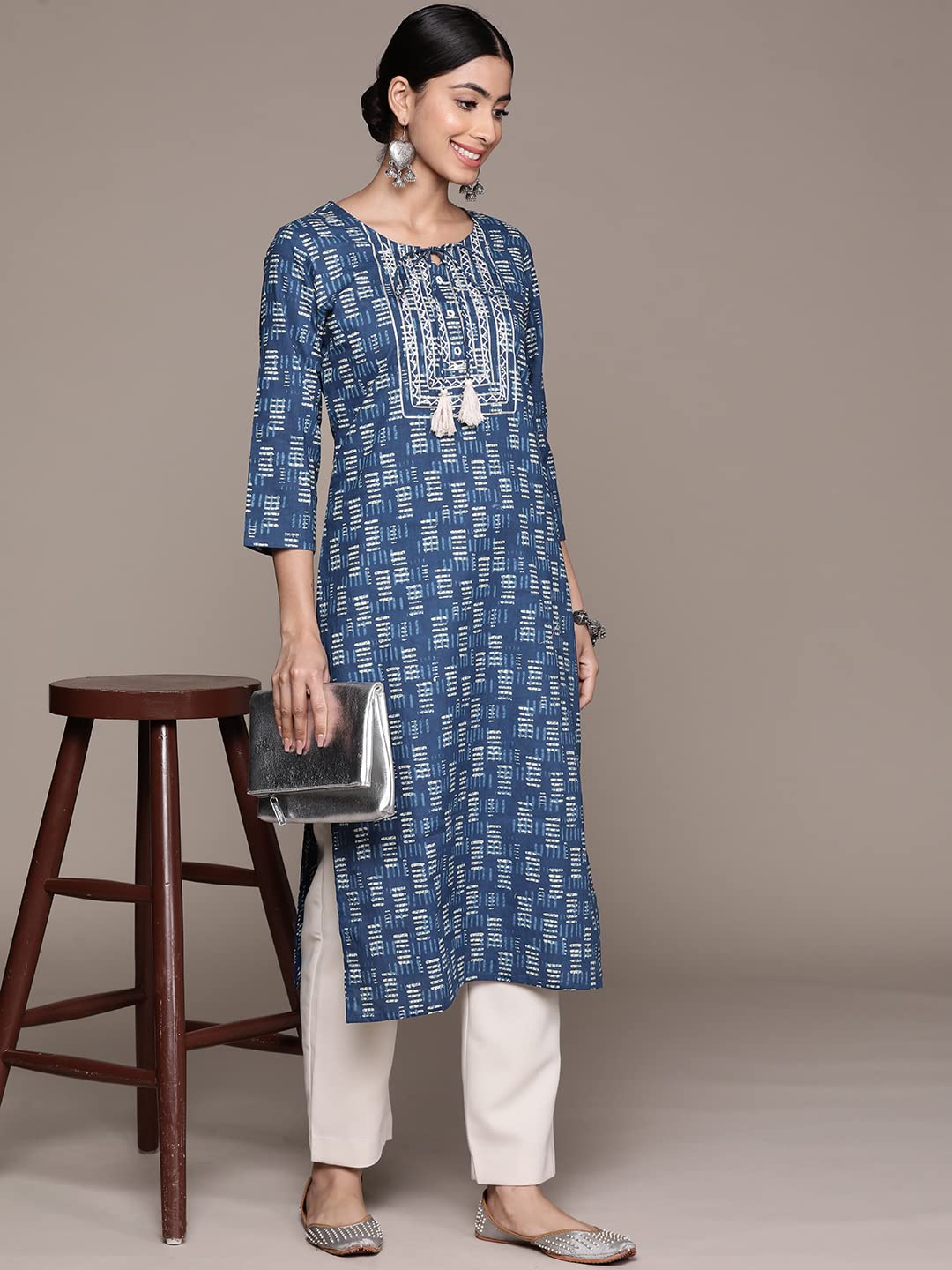 anubhutee Women's Cotton Navy Blue Gota Patti Geometric Printed Straight Kurta