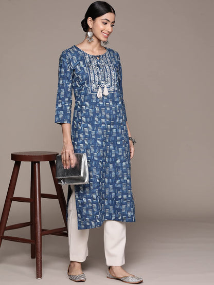 anubhutee Women's Cotton Navy Blue Gota Patti Geometric Printed Straight Kurta