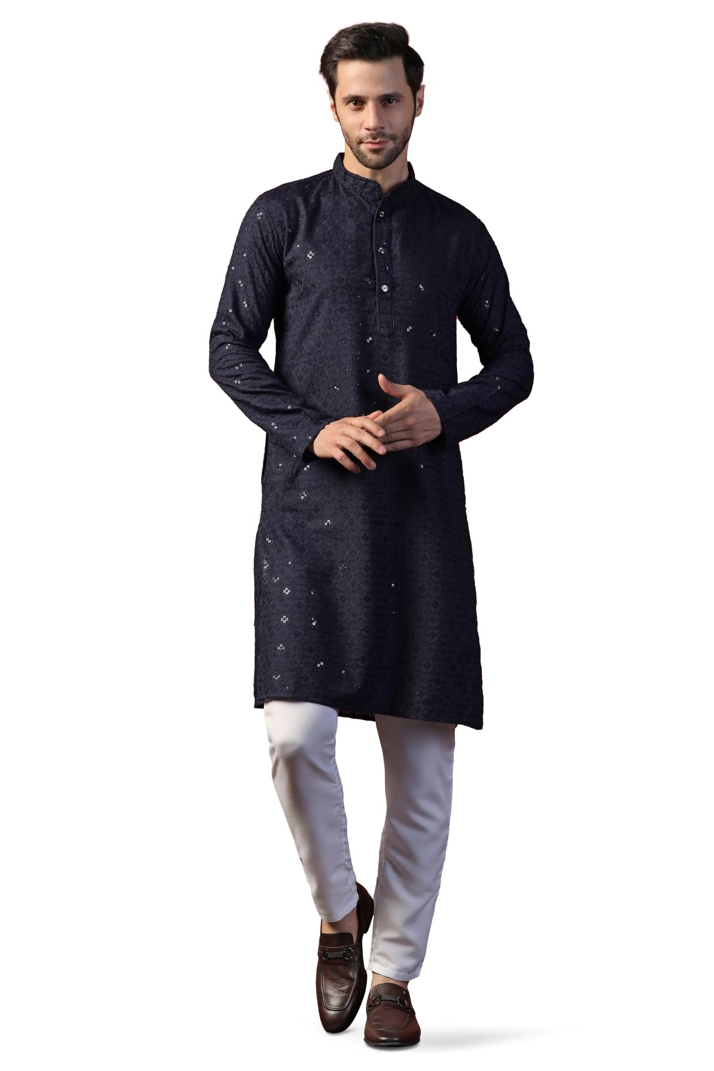 Toplot Kurta For Men || MenS Ethnic Wear Sequin Embroidered Cotton Blend Kurta Set || MenS Kurta (Men-Seq-Kurta-Set-5209-Navy-