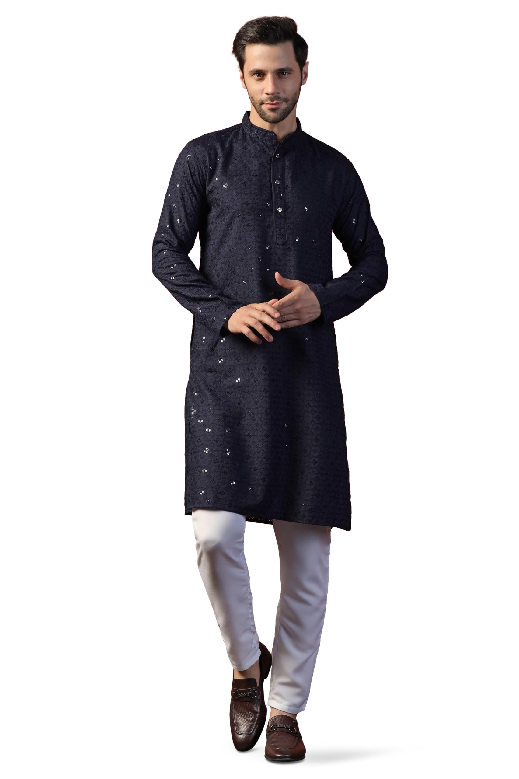 Toplot Kurta For Men || MenS Ethnic Wear Sequin Embroidered Cotton Blend Kurta Set || MenS Kurta (Men-Seq-Kurta-Set-5209-Navy-