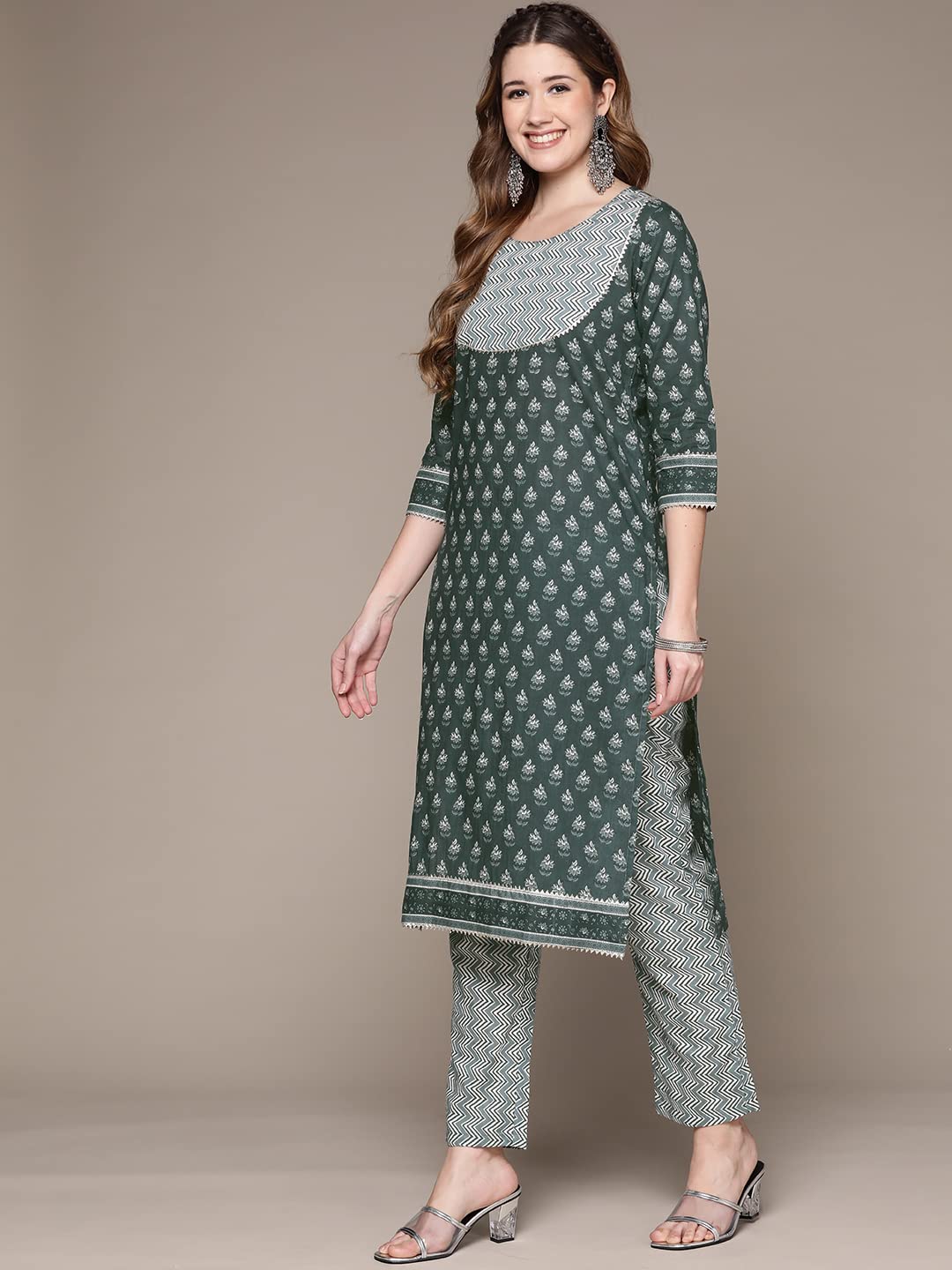 anubhutee Women Teal Ethnic Motifs Printed Pure Cotton Kurta with Trousers & With Dupatta