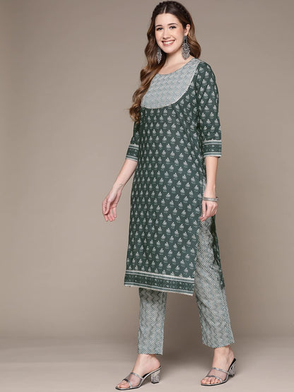 anubhutee Women Teal Ethnic Motifs Printed Pure Cotton Kurta with Trousers & With Dupatta