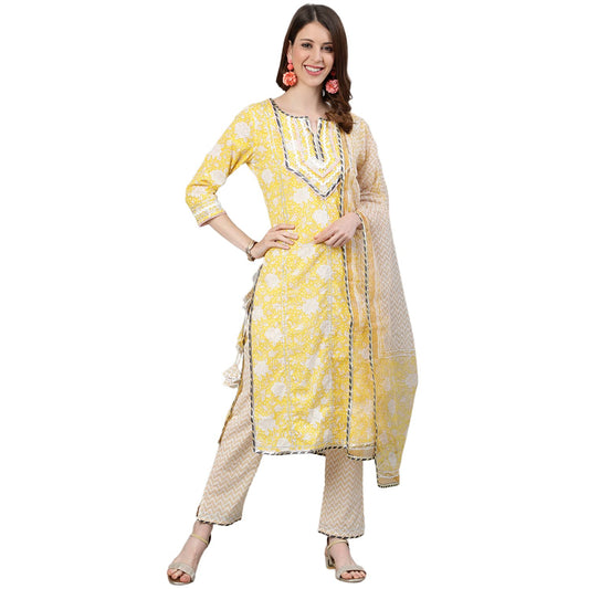 ishin Women's Pure Cotton Embroidered Gotta Patti Yellow Floral Print A-Line Kurta suit set With Dupatta & Trouser