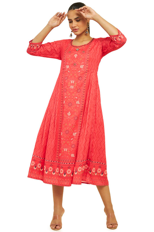 Soch Women Red Cotton Blend Printed Dress Kurta