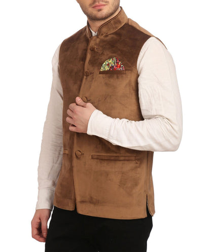 WINTAGE Mens Velvet Grandad Collar Party Camel Nehru Vest Waistcoat