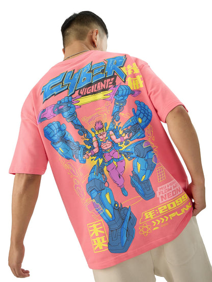 The Souled Store Cyber Vigilante Short Sleeve Round Neck Pink Graphic Printed Cotton Oversized T-Shirts for Men & Boys