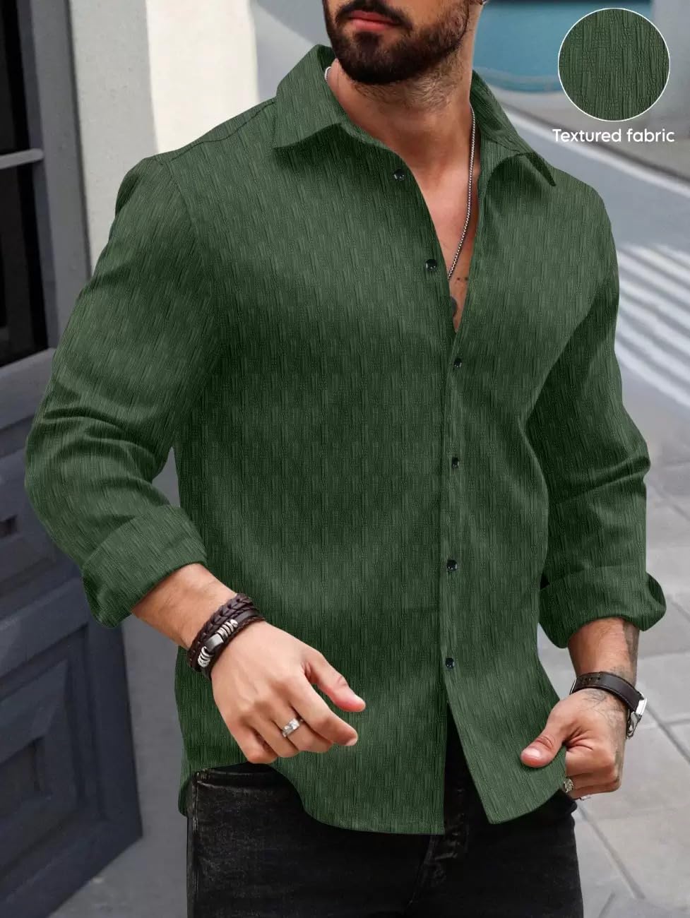 Deelmo MenS Regular Fit Button Down Dress Shirts Textured Long Sleeve Casual Hawaiian Shirt Dark Green